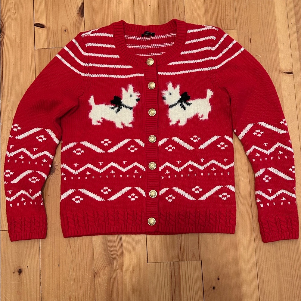 Talbots Red Scottie Dog Pattern Cardigan with gold buttons